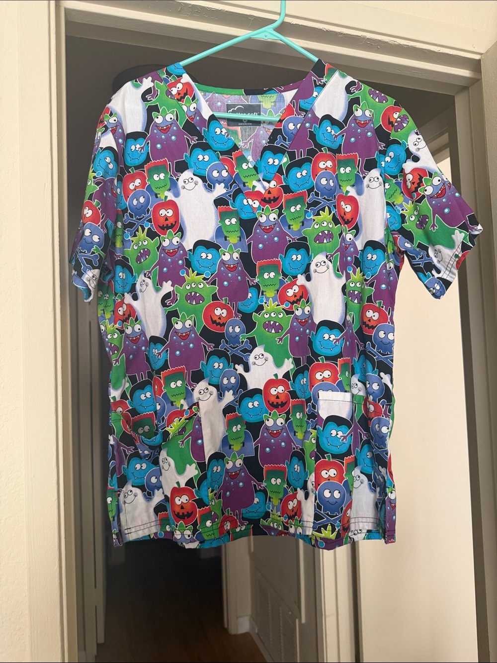 Colorful Monster Print V-Neck Scrub Top - Purple/Blue/Green
